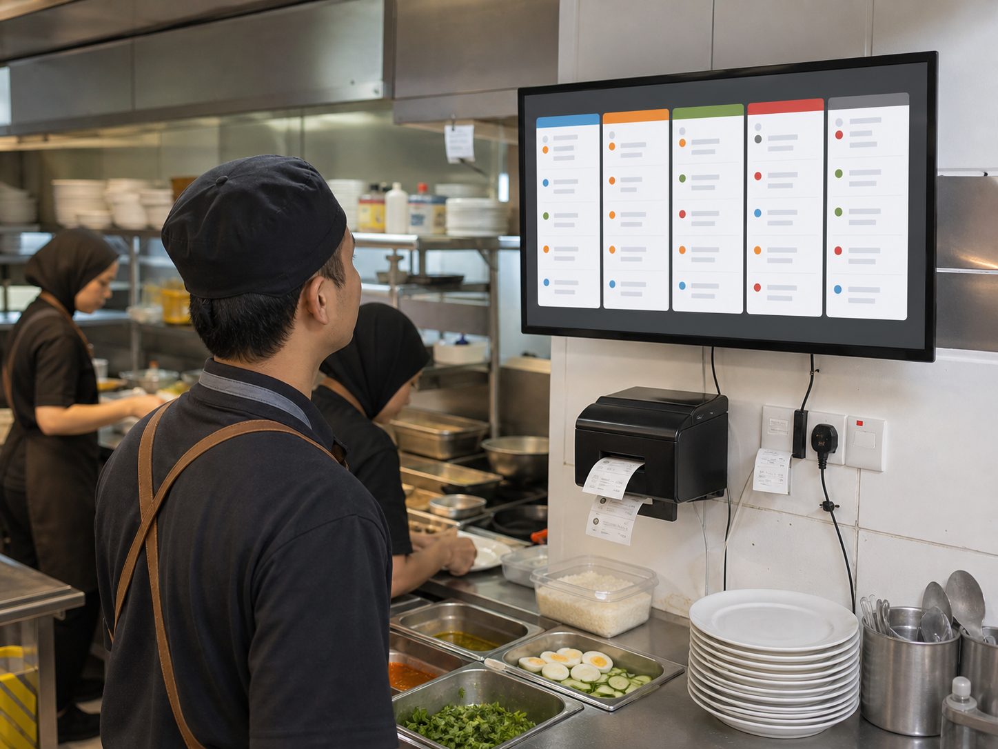 Dapur restoran dengan KDS dan printer pesanan