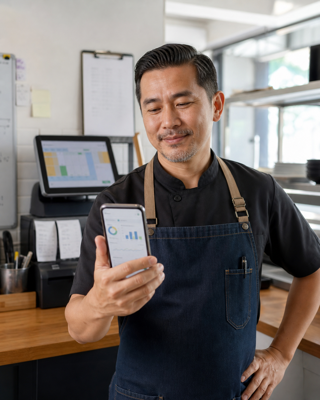 Pemilik restoran melihat laporan jualan di telefon